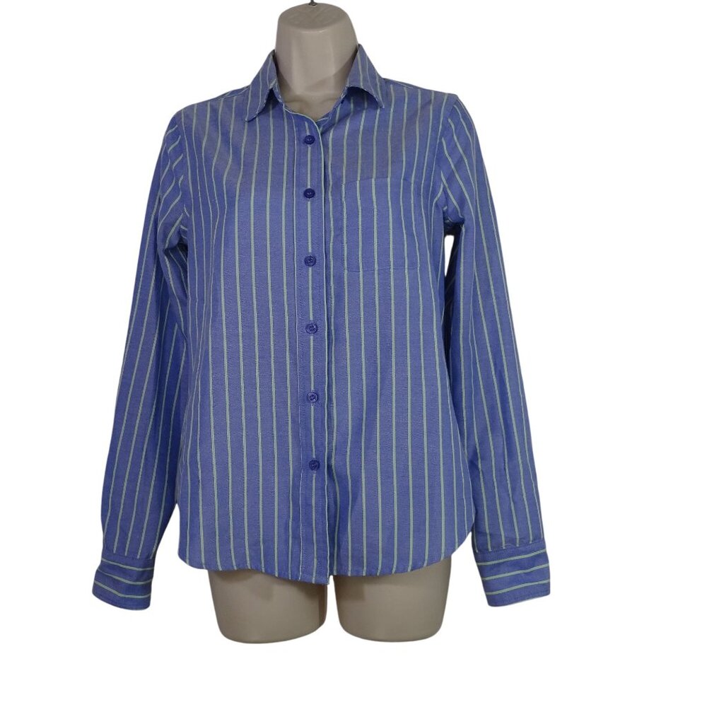 Cooperative Stripe Button Up Shirt Women Size XS Purple Green Long Sleeve FLAW
